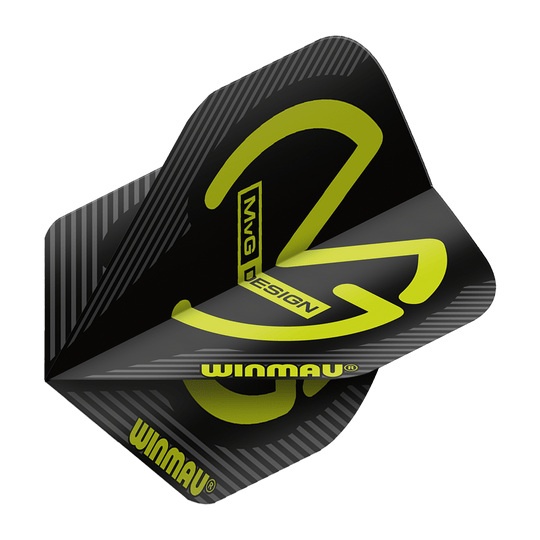 Das Bild zeigt die Winmau Mega MvG Black Standard Flights für Darts. Die Flights sind schwarz mit gelben Akzenten und dem Winmau-Logo versehen.