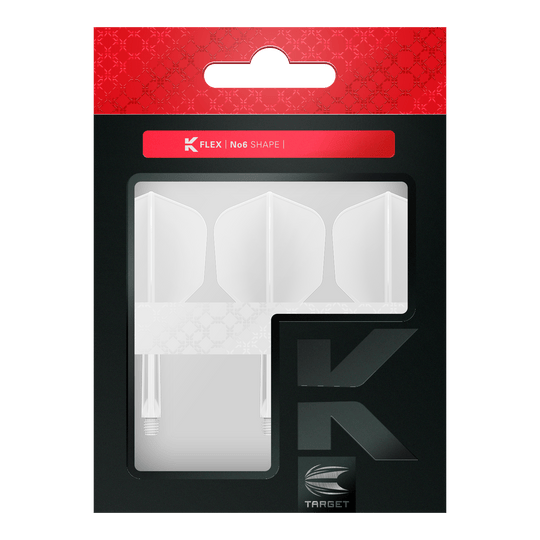 Letový systém Target K-Flex No6 - bílý Die Abbildung zeigt eine Packung mit weißen Dartflights und -shafts der Marke Target. Die Verpackung ist in Schwarz und Rot gehalten und trägt die Aufschrift "K FLEX | No6 SHAPE".