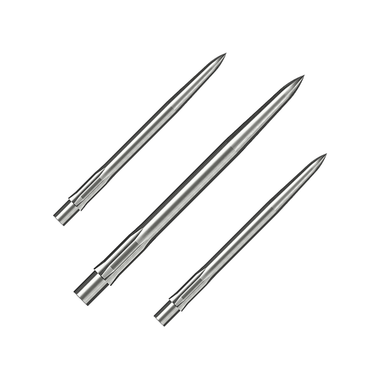 Auf dem Bild sind drei silberne, glatte Stahlspitzen für Dartpfeile zu sehen. Sie sind ordentlich nebeneinander angeordnet und haben eine Länge von 32 mm.