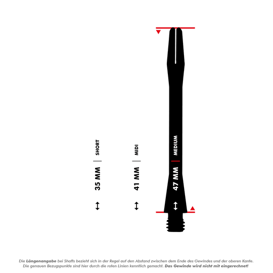 HR366_Harrows_Keramic_Shafts_5_47mmhPzYHInu0aDnG Das Bild zeigt die Harrows Keramic Shafts in Matt Schwarz mit drei verschiedenen Längenoptionen. Die Längen sind 35 mm (Short), 41 mm (Midi) und 47 mm (Medium), gemessen ab dem Ende des Gewindes bis zur Oberkante.