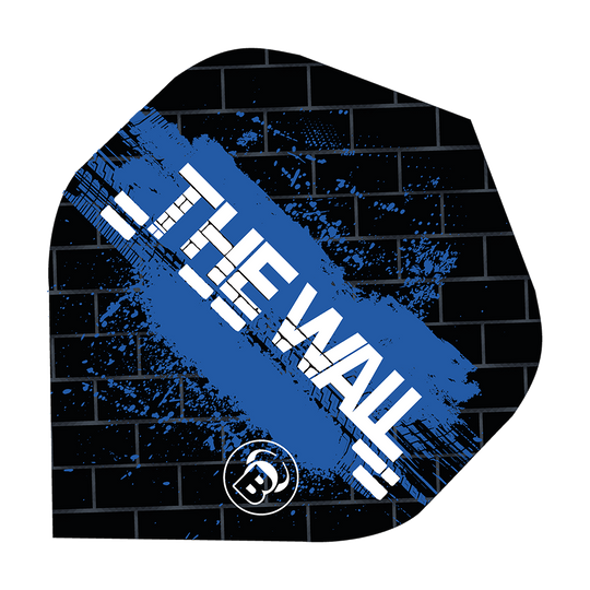 Standardní letky Bulls B-Star Martin Schindler Black Blue No2 Das Bild zeigt ein Dartflight im schwarzen und blauen Design mit der Aufschrift "THE WALL". Im Hintergrund ist ein Ziegelmuster zu sehen, und unten befindet sich ein rundes Logo mit einem "B".