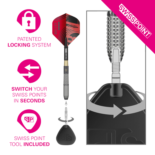 Das Bild präsentiert die Target Stephen Bunting GEN5 Void Swiss Point Steeldarts. Diese Darts sind für Präzision und Leistung bekannt.