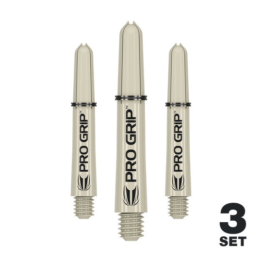 Das Bild zeigt drei sandfarbene "Pro Grip" Dartschäfte der Marke Target. Unten rechts steht "3 Set", was darauf hinweist, dass es sich um ein Set mit drei Schäften handelt.