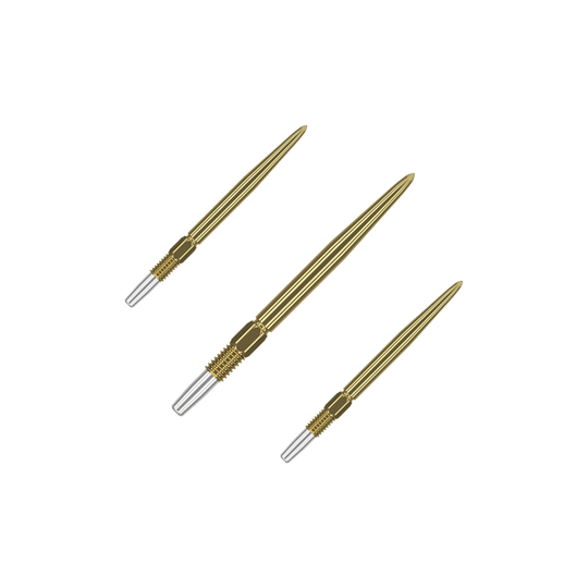 Das Bild zeigt drei goldfarbene Dartspitzen mit silbernem Gewinde. Sie sind in einer diagonalen Anordnung auf grünem Hintergrund abgebildet.
