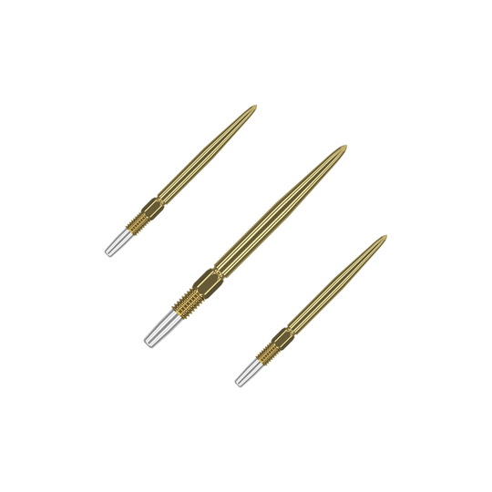 Zaměřte hroty šipek Swiss Point Gold Das Bild zeigt drei goldfarbene Dartspitzen mit silbernem Gewinde. Sie sind in einer diagonalen Anordnung auf grünem Hintergrund abgebildet.