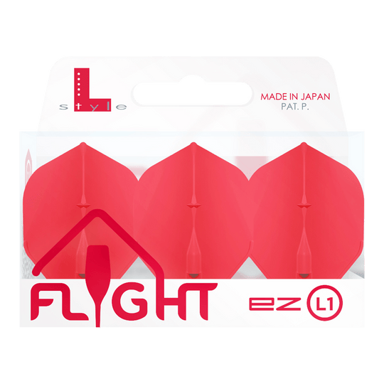 Standardní lety L-Style Champagne L1EZ Das Bild zeigt eine Packung mit roten L-Style Champagne L1EZ Standard Flights. Die Verpackung ist durchsichtig und trägt die Aufschrift "Made in Japan".