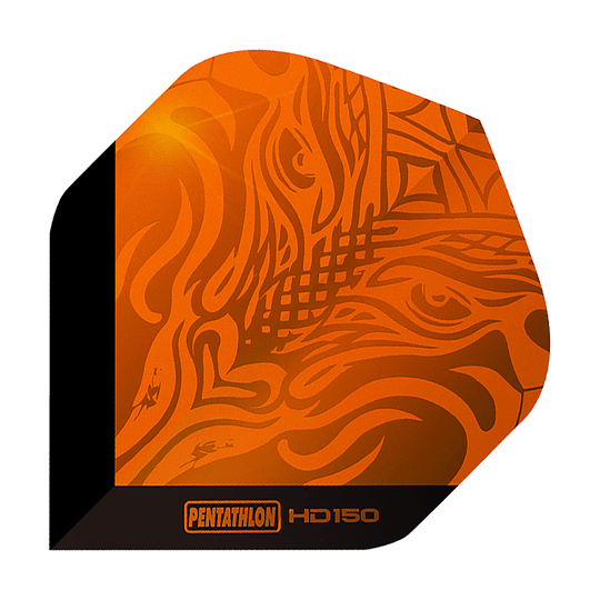 Pentathlon HD150 metalicky oranžové standardní letky Das Bild zeigt ein Pentathlon HD150 Metallic Orange Standard Flight. Das Design ist orange mit metallischem Glanz und auffälligen Mustern.