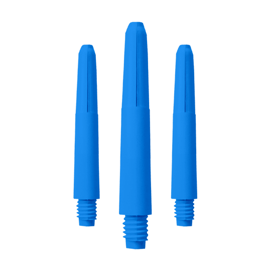 573_Nylon_Shafts_Blau_35mm_1 Das Bild zeigt drei blaue Nylon Shafts. Sie sind in einer Reihe angeordnet und haben Gewinde an einem Ende.