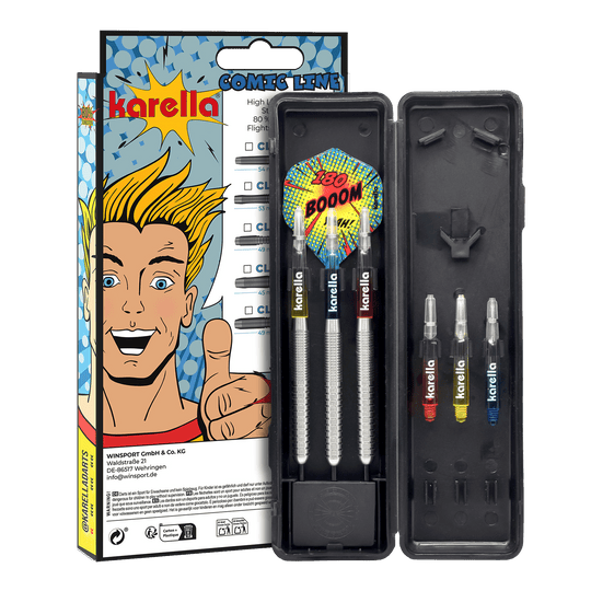 Ocelové šipky Karella Comic Line CL-1 - 22g Hier sehen Sie den Karella Comic Line CL-1 Steeldarts - 22g. Das Foto präsentiert Details des Dartpfeils.