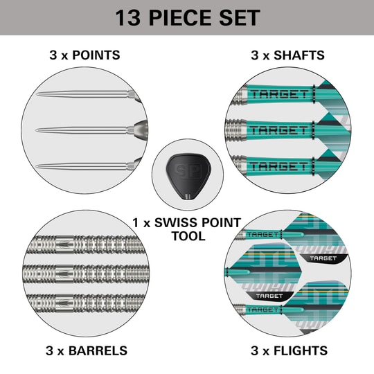 Abgebildet ist das Produkt Target Hydro 01 Swiss Point Steeldarts. Die Steeldarts sind detailreich dargestellt.