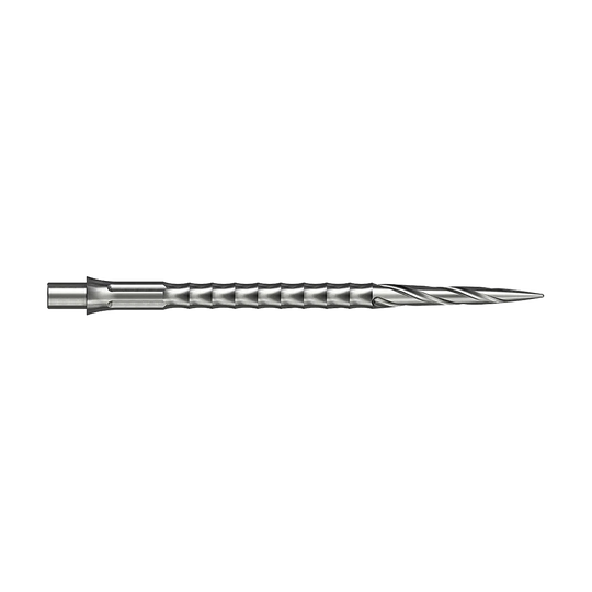 Die Abbildung zeigt ein silbernes Steeldartspitze aus dem Caliburn Evo System. Die Spitze hat ein Spiro NoLip Design und eine Länge von 40 mm.