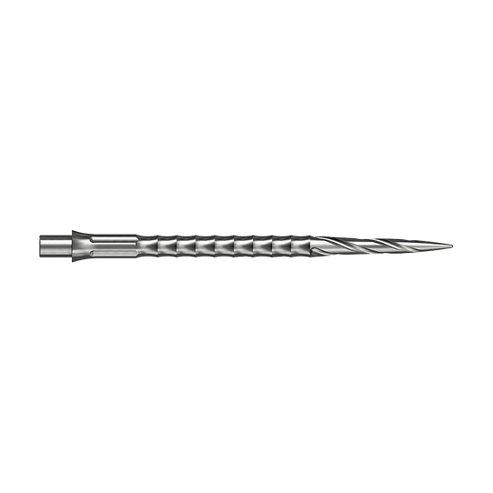Ocelové hroty na šipky Caliburn System - Spiro - NoLip - stříbrné Die Abbildung zeigt ein silbernes Steeldartspitze aus dem Caliburn Evo System. Die Spitze hat ein Spiro NoLip Design und eine Länge von 40 mm.