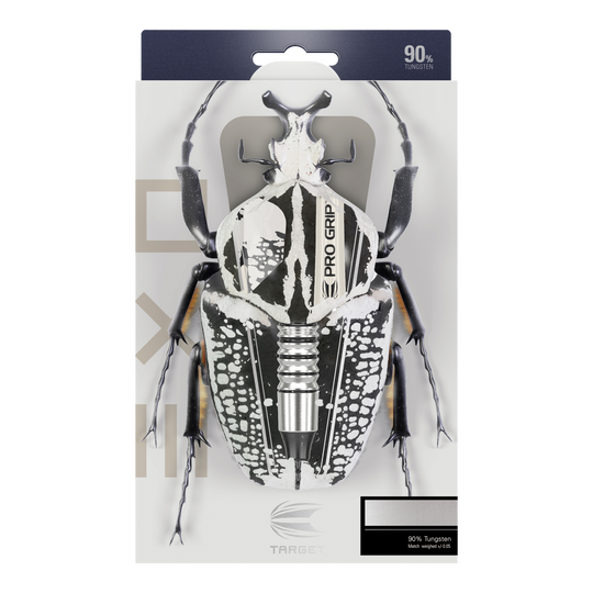 Měkké šipky Target EXO 11 Auf der Verpackung der "Target EXO 11 Softdarts" ist ein Käfer abgebildet, dessen Körper mit den Dartpfeilen kombiniert wurde. Oben steht "90% Tungsten", was auf das Material der Darts hinweist.