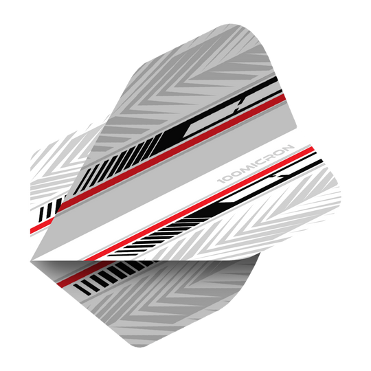 Letky pro pětiboj bílé/černé/červené Das Bild zeigt ein Dart-Flight mit dem Namen "Pentathlon White Black Red No2 Standard Flights". Es ist überwiegend weiß und grau mit schwarzen und roten Akzenten und geometrischem Muster gestaltet.