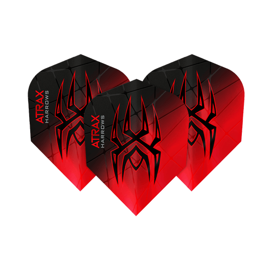 Lety Harrow's Atrax Prime No6 Das Bild zeigt drei Harrows Atrax Prime No6 Flights in Schwarz und Rot mit einem markanten Spinnennetz-Design. Auf jedem Flight steht der Name "Atrax Harrows" an der Seite.