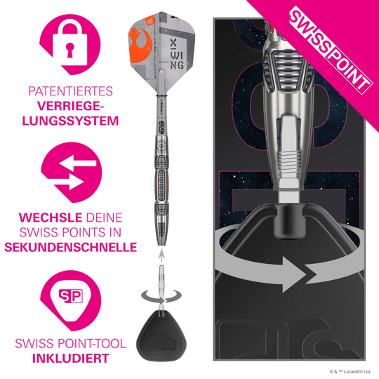 Ocelové šipky Target Star Wars X-Wing Swiss Point Target Star Wars X-Wing Swiss Point Steeldarts sind abgebildet. Das Produkt ist inspiriert von Star Wars und in einem speziellen Design gestaltet.