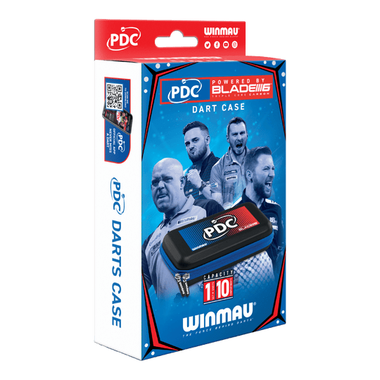 Pouzdro na šipky Winmau PDC Die Abbildung zeigt die Verpackung des Winmau PDC Dartcase. Auf der Box sind Bilder von Dartspielern sowie das Etui und die Markenlogos zu sehen.