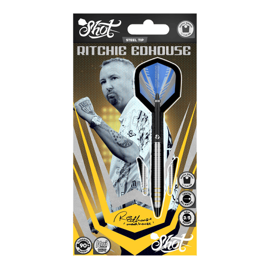Šipky Shot Ritchie Edhouse Core Steel Das Bild zeigt die Shot Ritchie Edhouse Core Steeldarts aus einer anderen Perspektive. Die Darts sind präzise verarbeitet und ideal für Profis.