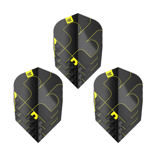 Lety Target ProUltra Bolide Void č. 6 Das Bild zeigt drei Target ProUltra Bolide Void No6 Flights. Die Flights sind schwarz mit gelben Akzenten und besitzen ein modernes, geometrisches Design.