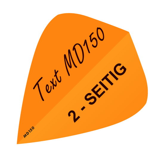 MD-304_2-Seitig_Bedruckte_Flights_Wunschtext_MD150_Neonorange_Kite_1 Dieses Bild zeigt ein neonoranges, drachenförmiges Dart-Flight. Darauf steht der Text „Text MD150“ und „2-SEITIG“.
