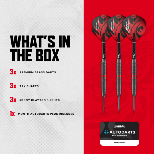Ocelové šipky Red Dragon Jonny Clayton Core Brass - 21g Abgebildet sind die Red Dragon Jonny Clayton Core Brass Steeldarts - 21g. Die Darts liegen in einer Reihe und ihre Spitzen sind gut sichtbar.
