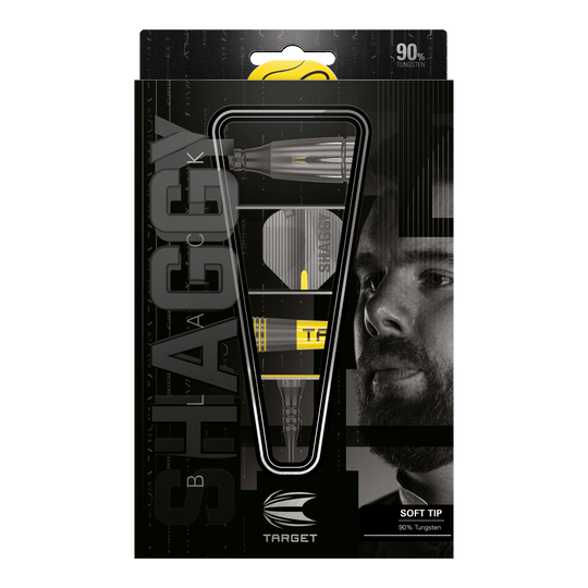 Šipky Target Scott Williams Shaggy Black Soft - 20g Das Bild zeigt die Verpackung der "Target Scott Williams Shaggy Black Softdarts - 20g". Die Darts bestehen zu 90% aus Wolfram und haben eine schwarze und gelbe Optik.