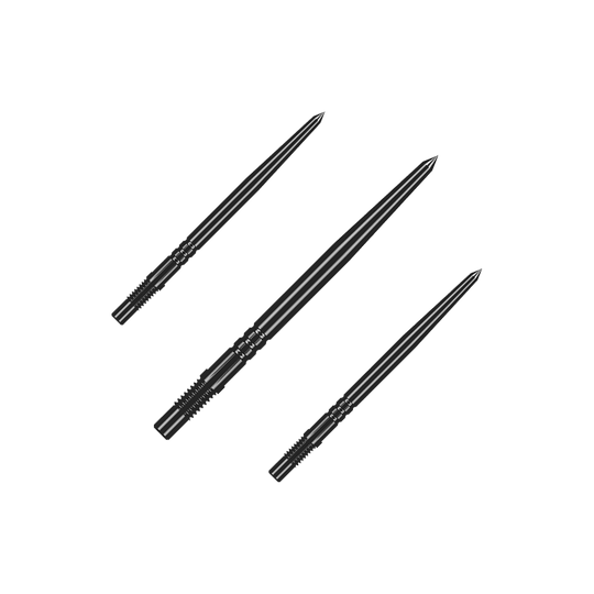 Špičky na šipky Shot Turbo Point - černé Mehrere schwarze Dartspitzen gleicher Bauart liegen nebeneinander. Die Spitzen sind ein Zubehör für Steeldarts.