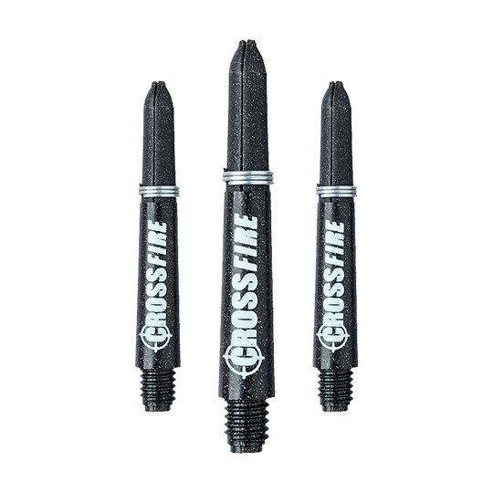 Das Bild zeigt drei schwarze RedDragon Crossfire Carbon Fibre Shafts für Dartpfeile. Auf jedem Schaft steht in weißer Schrift das Wort "CROSSFIRE".