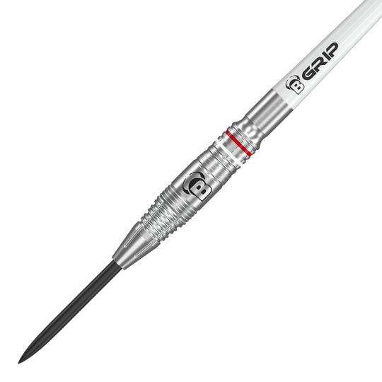 Das Bild zeigt einen Bulls Niko Springer Steeldart. Der Dart ist silberfarben mit einem gezackten Griff und einem schwarzen Spitzenteil.
