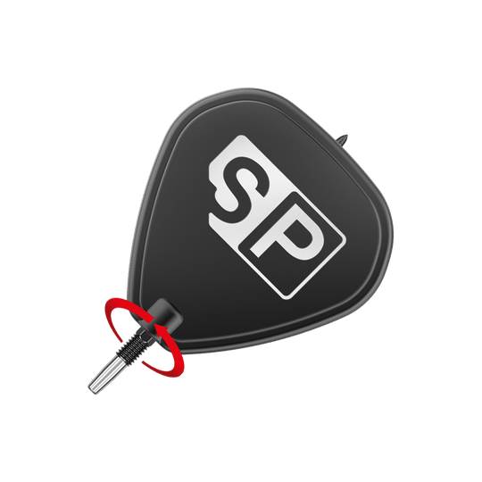 Špičky na šipky Target Swiss Point SLK - černé Das Bild zeigt die schwarzen Target Swiss Point SLK Dartspitzen. Im Vordergrund ist die Dartspitze mit einem schwarzen Flight zu sehen, auf dem die Buchstaben "SP" stehen.