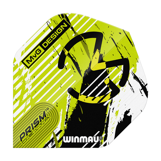 Das Bild zeigt ein Winmau Delta Michael Van Gerwen Prism 03 Standard Flight. Das Design ist in Gelb, Schwarz und Weiß gehalten und trägt die Aufschrift „MvG Design“ sowie „Prism Delta“.