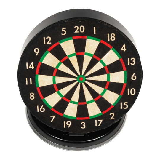 Sada mini terčů na stolní počítače Ruthless Das Bild zeigt eine kleine, runde Dartscheibe mit farbigen Markierungen und Zahlen. Sie ist als Mini-Desktop-Set gestaltet und eignet sich für den Schreibtisch.