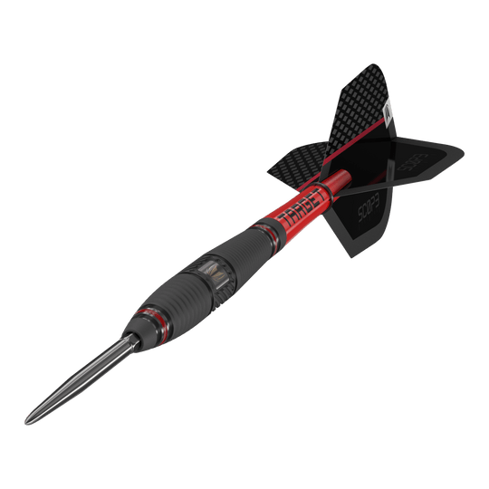 Ocelové šipky Target Scope 03 Swiss Point Das Bild zeigt einen Target Scope 03 Swiss Point Steeldart mit schwarzem und rotem Design. Der Dartpfeil hat eine stabile Stahlspitze und aerodynamische Flügel.