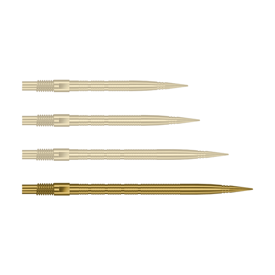 Špičky na šipky Harrows Quick Point Micro Ridge - zlaté Hier sieht man eine einzelne Harrows Quick Point MicroRidge Dartspitze in Gold, 40mm. Sie liegt auf einem hellen Hintergrund.