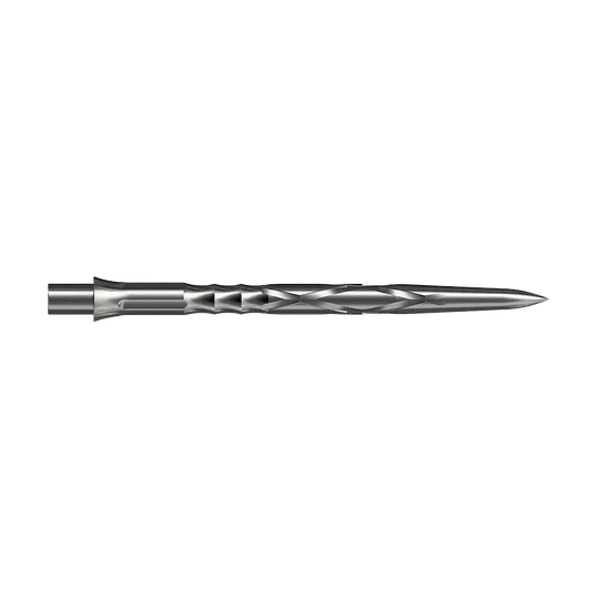 Ocelové hroty na šipky Caliburn System - HAN G2 - Stříbrné Auf dem Bild ist eine silberne Steeldartspitze mit eingedrehtem Muster zu sehen. Sie ist lang und schmal mit einer spitzen Spitze.