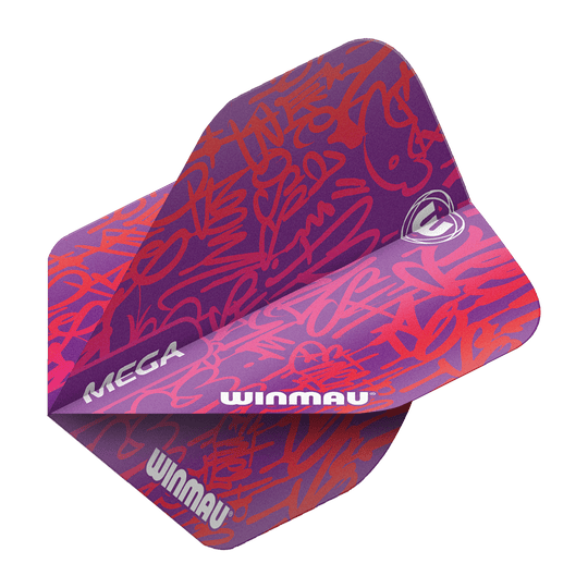 6900-242_Winmau_Mega_Red_Standard_Flights_2 Das Bild zeigt die "Winmau Mega Red Standard Flights" für Darts. Sie sind lila mit roten grafischen Mustern und dem weißen Winmau-Logo bedruckt.