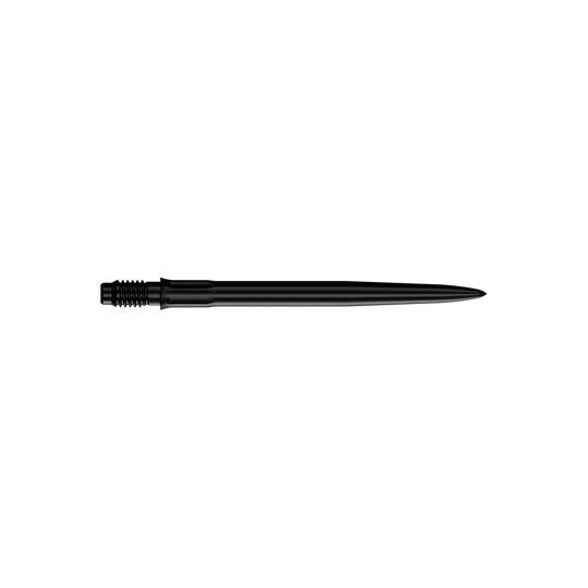 Špičky na šipky Mission R2.5 Rapid Point SM1 - černé Das Bild zeigt schwarze Dartspitzen mit einer Länge von 30 mm. Es sind zwei Spitzen abgebildet.