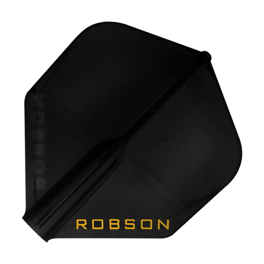 Lety Robson Plus – standardní Dies ist ein schwarzes Dartflight mit der Aufschrift "ROBSON" in gelber Farbe. Das Flight hat eine Standardform und wirkt robust.