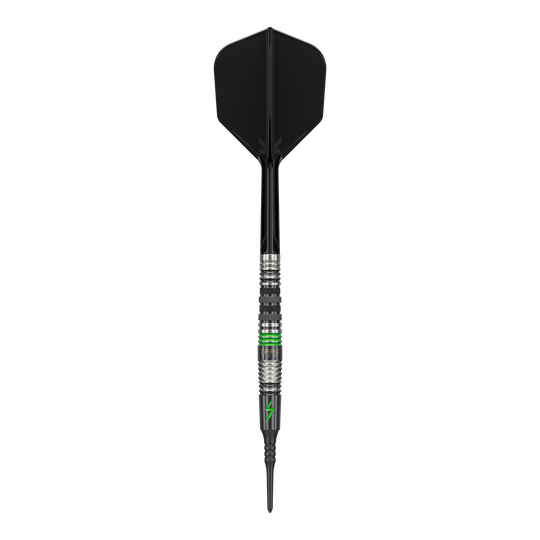 Dieses Bild zeigt einen Softdart mit dem Namen "Target Japan Black Marque Lightning 3" mit einem Gewicht von 19g. Der Dart ist überwiegend schwarz mit silbernen und grünen Akzenten gestaltet.