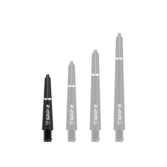 Das Bild zeigt vier schwarze Bulls B-Grip-2 SL Shafts in unterschiedlichen Längen. Sie sind für Dartpfeile gedacht und haben ein schlichtes, modernes Design.