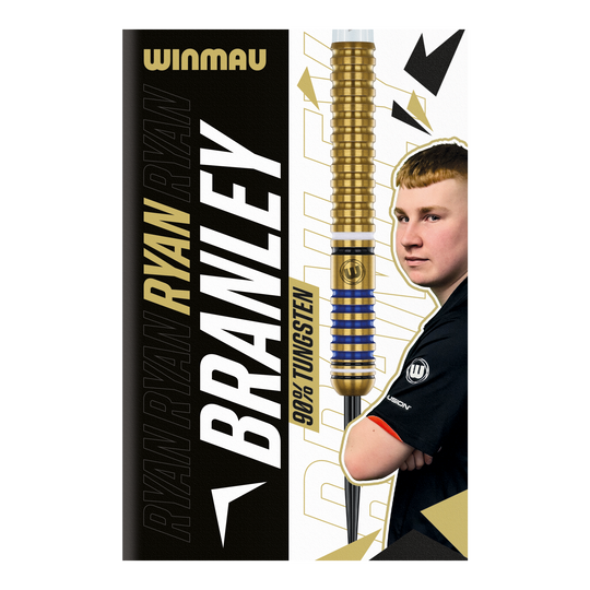 Die Abbildung zeigt die Verpackung der "Winmau Ryan Branley Steeldarts - 23g". Auf der Verpackung sind ein Dartpfeil, ein Foto einer Person und der Schriftzug "90% Tungsten" zu sehen.