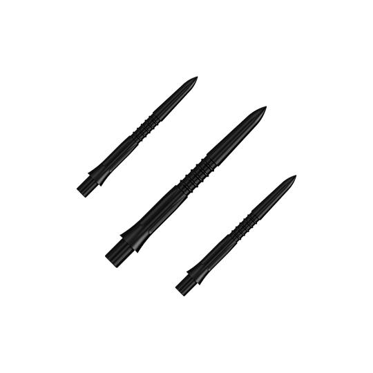 Ein Set von schwarzen Steeldartspitzen mit 26 mm Länge. Auf dem Bild sieht man mehrere Spitzen aus der Misson Caliburn EVO GV1 Reihe.