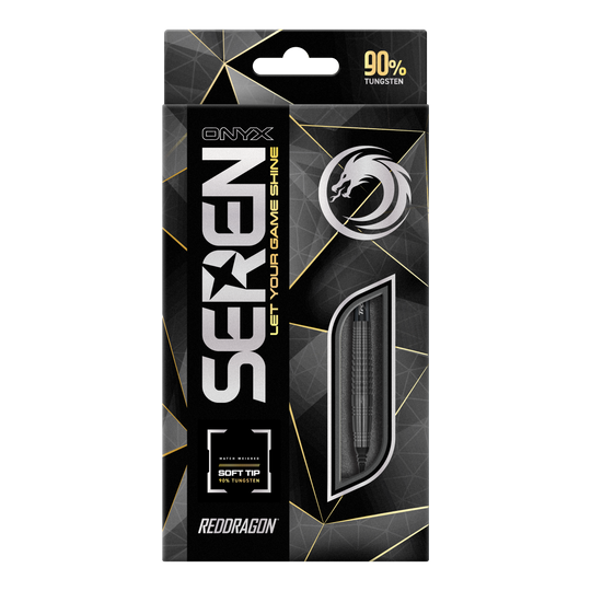 Das Bild zeigt die Verpackung der "Red Dragon Seren 4 Onyx Softdarts - 20g". Die Verpackung ist schwarz mit goldenen Akzenten und hebt hervor, dass die Darts aus 90% Tungsten bestehen.