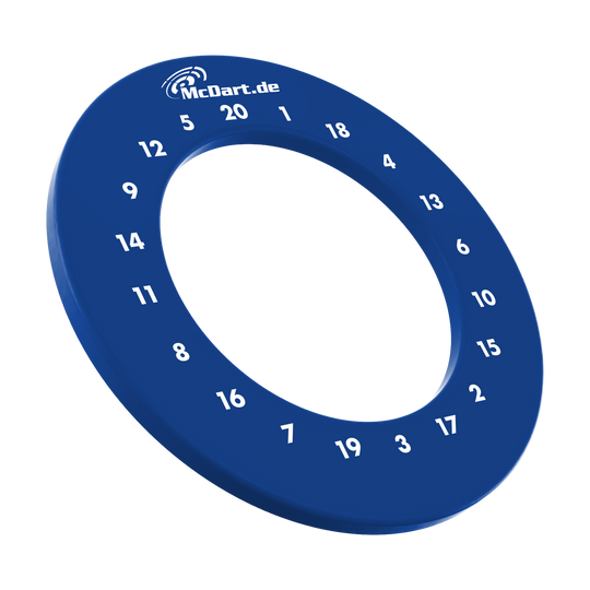 Das Bild zeigt einen Artikel für Dartspieler. Es scheint eine weitere Ansicht einer blauen HD Zahlen Surround von McDart zu sein.