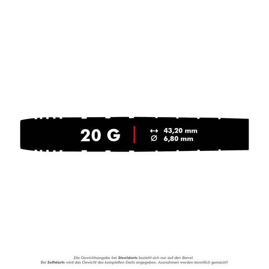 RD2505_Red_Dragon_Luke_Humphries_TX1_Softdarts_5_20g Das Bild zeigt einen Dart mit der Aufschrift "20 G". Die Maße sind 43,20 mm Länge und 6,80 mm Durchmesser.