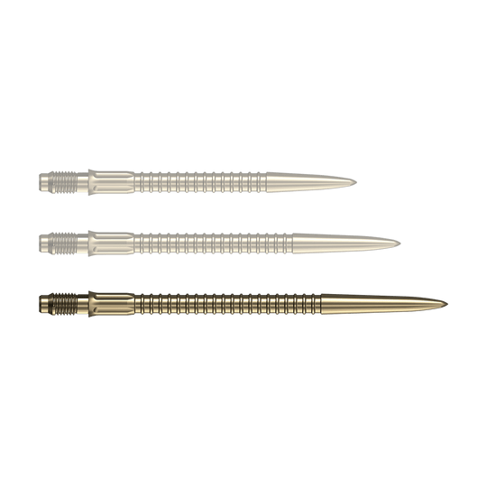 Špičky na šipky Mission R2.5 Rapid Point GV1 - zlaté Zu sehen ist eine einzelne goldene Dartspitze der Serie Mission R25 Rapid Point mit 40mm Länge. Die Spitze ist für den Einsatz beim Dartspiel geeignet.