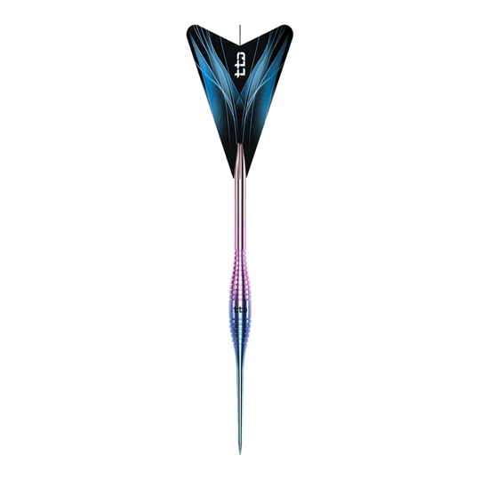 Das Bild zeigt die Caliburn TTD Complete Titanium T2 Rainbow Steeldarts mit einem Gewicht von 6g. Die Steeldarts haben ein auffälliges, regenbogenfarbenes Design.