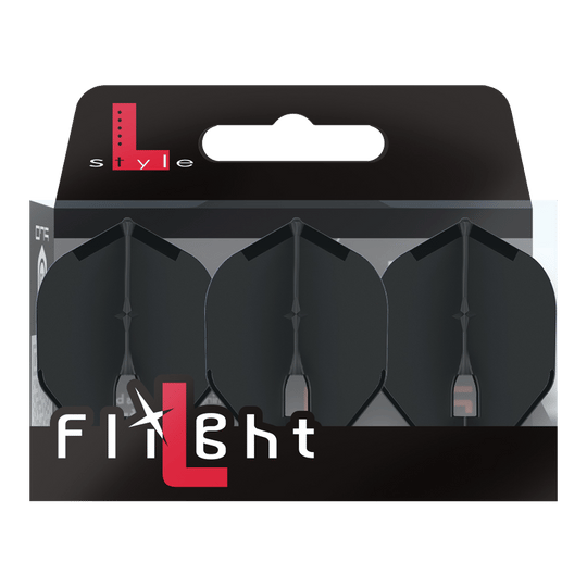 L-Style Champagne L1PRO Flights Auf dem Bild ist eine Packung mit drei schwarzen Dart-Flights der Marke L-Style zu sehen. Die Verpackung trägt die Aufschrift "Flight" und hebt das L-Style-Logo hervor.