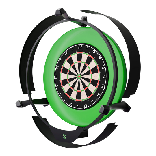 Das Bild zeigt das Produkt "Scolia Home 2 Electronic Score System mit Beleuchtungsring". Es handelt sich um ein elektronisches Punktesystem für Dartboards, das von einem grünen Beleuchtungsring umgeben ist.