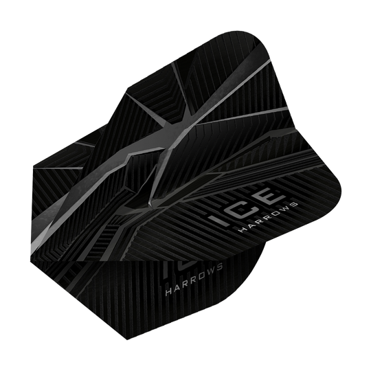 HR42_Harrows_Ice_Recut_Schwarz_Standard_Flights_2 Das Bild zeigt die Harrows Ice Recut Standard Flights. Sie sind schwarz mit einem modernen, grafischen Muster und der Aufschrift "ICE HARROWS".